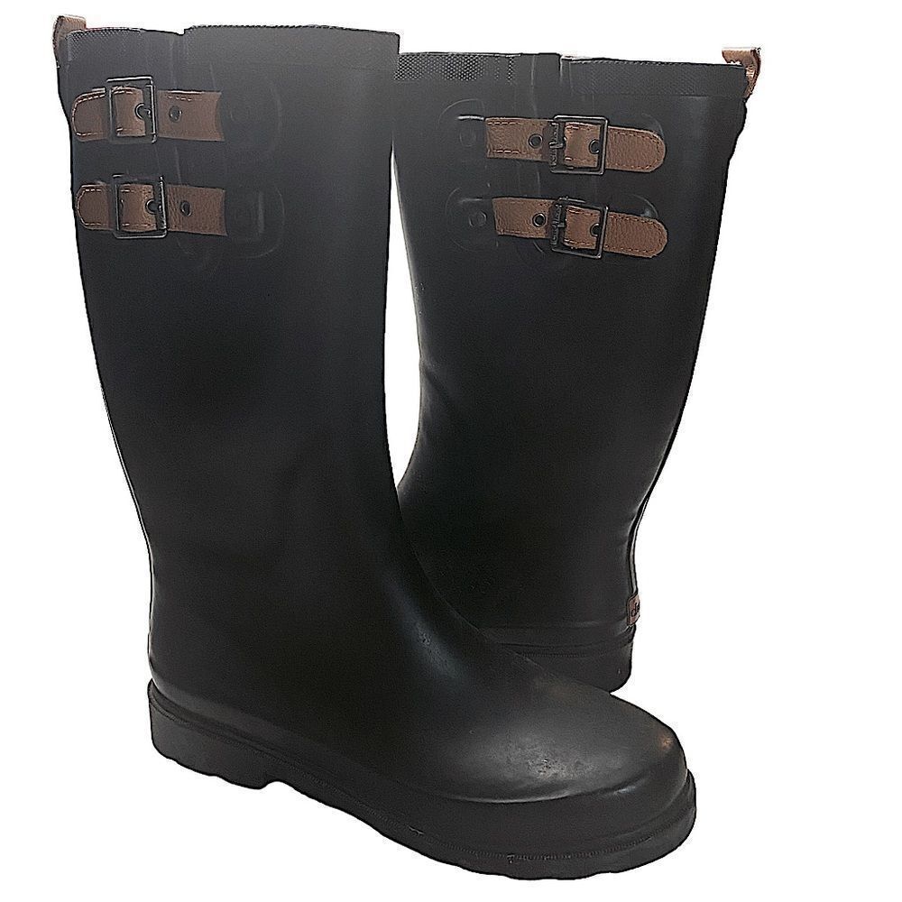Chooka Top Solid Black Wm’s Sz 9 Double Buckle 13” Tall Slip On Rain Boots
